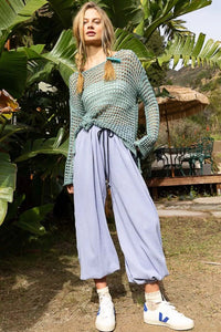 POL Side Slit Openwork Long Sleeve Knit Cover Up - Chandeliers Boutique ny