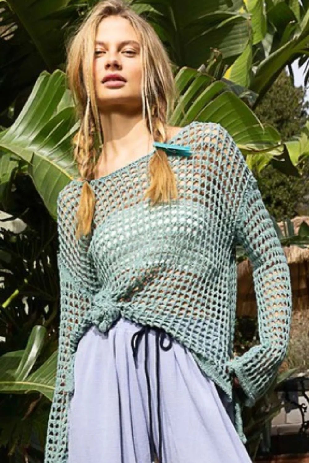 POL Side Slit Openwork Long Sleeve Knit Cover Up - Chandeliers Boutique ny