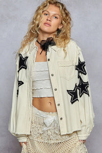 POL Star Patch Raw Hem Button Up Denim Jacket - Chandeliers Boutique ny