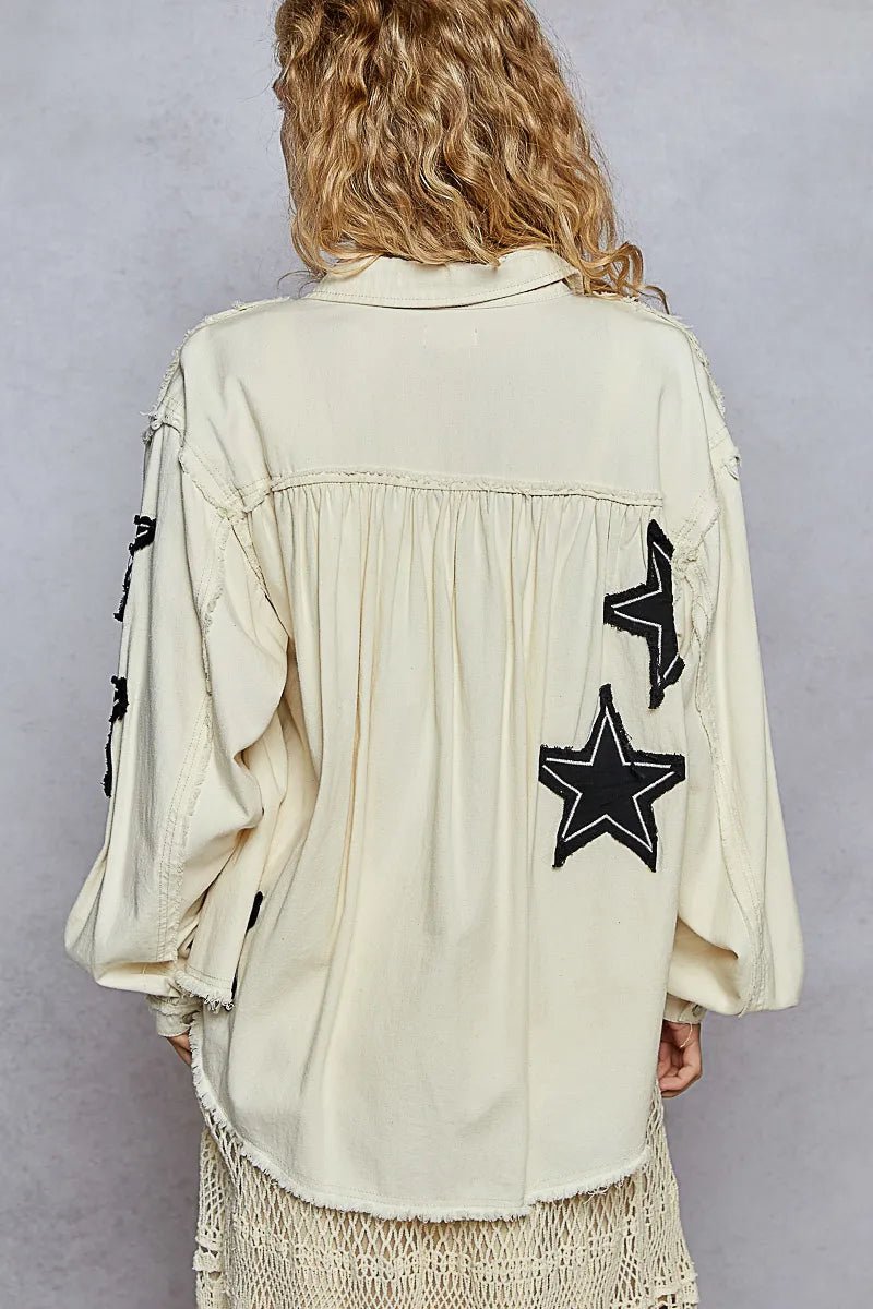 POL Star Patch Raw Hem Button Up Denim Jacket - Chandeliers Boutique ny