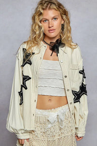 POL Star Patch Raw Hem Button Up Denim Jacket - Chandeliers Boutique ny