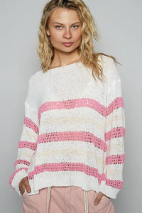 POL Striped Openwork Round Neck Knit Top - Chandeliers Boutique ny