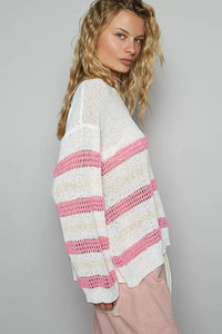 POL Striped Openwork Round Neck Knit Top - Chandeliers Boutique ny