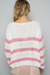 POL Striped Openwork Round Neck Knit Top - Chandeliers Boutique ny