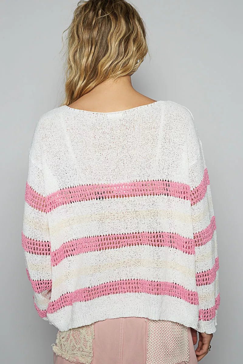 POL Striped Openwork Round Neck Knit Top - Chandeliers Boutique ny