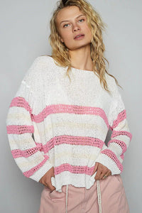 POL Striped Openwork Round Neck Knit Top - Chandeliers Boutique ny