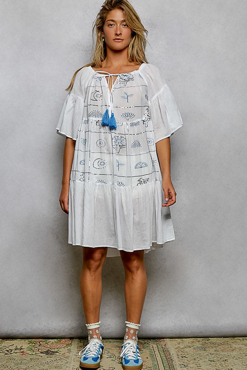 POL Tied Tassel Embroidery Half Flared Sleeve Mini Dress - Chandeliers Boutique ny