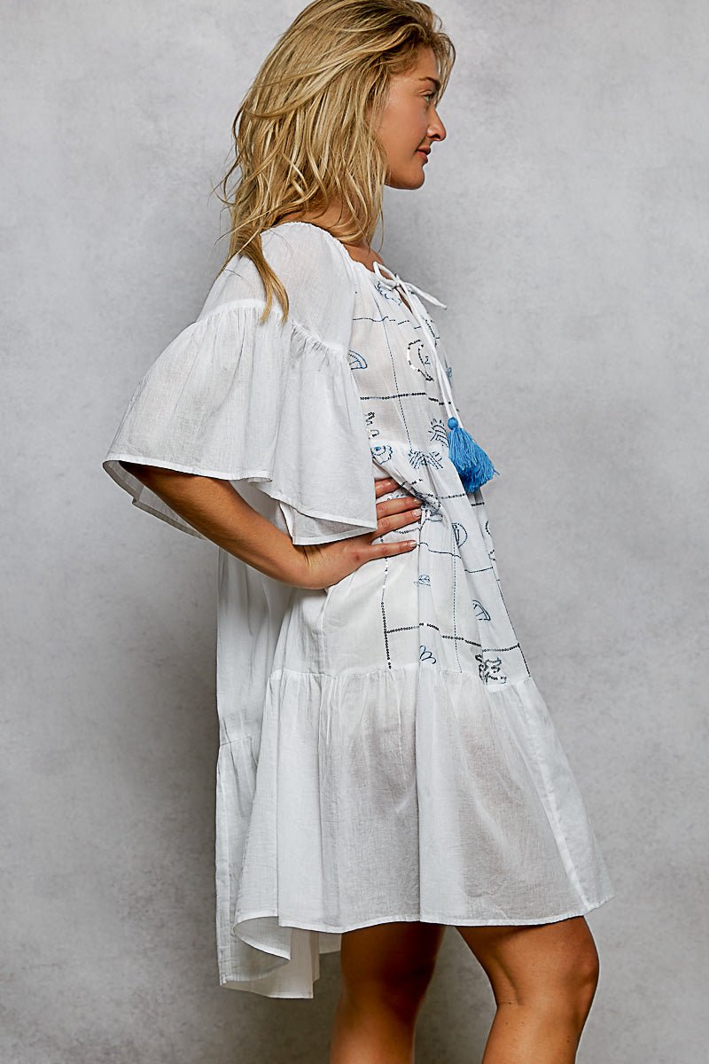 POL Tied Tassel Embroidery Half Flared Sleeve Mini Dress - Chandeliers Boutique ny