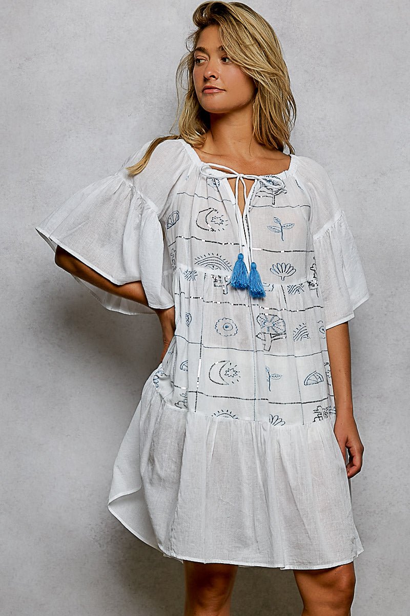 POL Tied Tassel Embroidery Half Flared Sleeve Mini Dress - Chandeliers Boutique ny