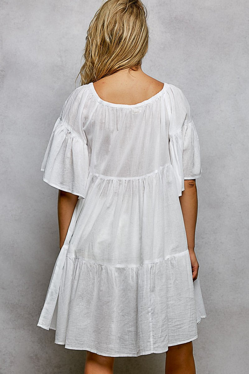 POL Tied Tassel Embroidery Half Flared Sleeve Mini Dress - Chandeliers Boutique ny