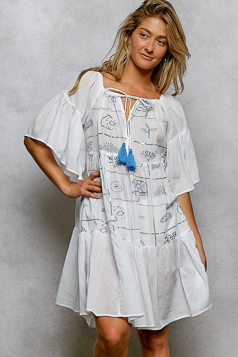 POL Tied Tassel Embroidery Half Flared Sleeve Mini Dress - Chandeliers Boutique ny