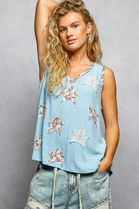 POL Washed Ribbed V - Neck Tank with Floral Print Star Patch - Chandeliers Boutique ny