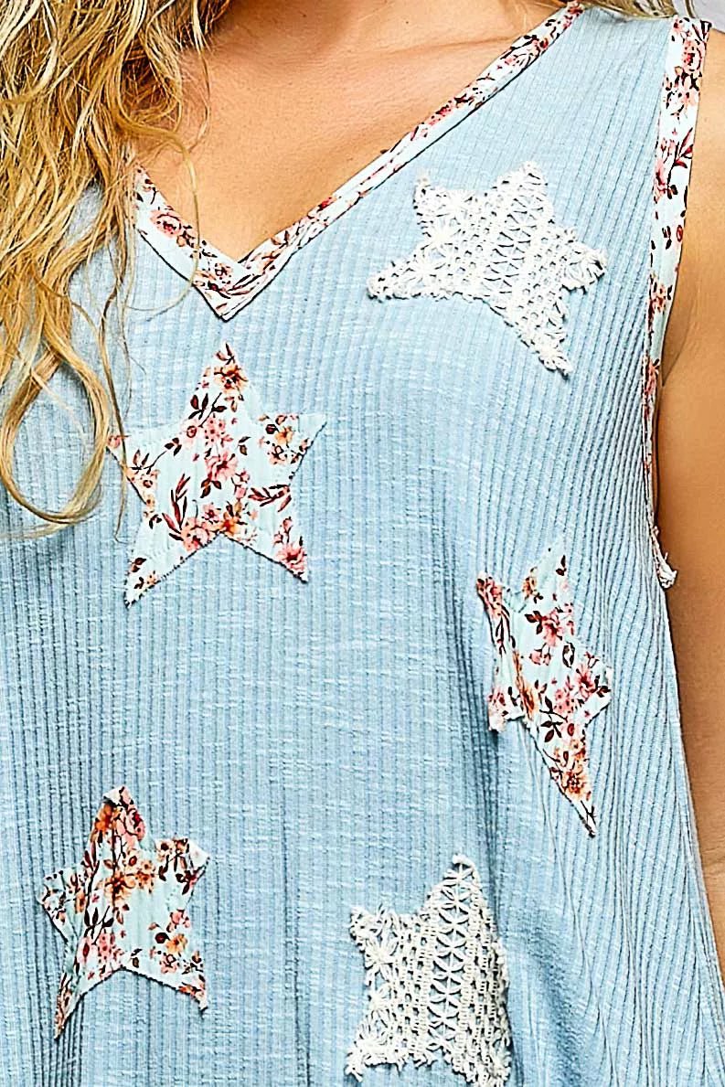 POL Washed Ribbed V - Neck Tank with Floral Print Star Patch - Chandeliers Boutique ny
