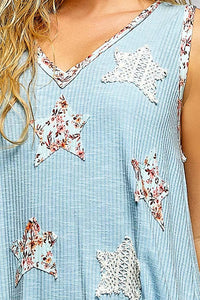 POL Washed Ribbed V - Neck Tank with Floral Print Star Patch - Chandeliers Boutique ny