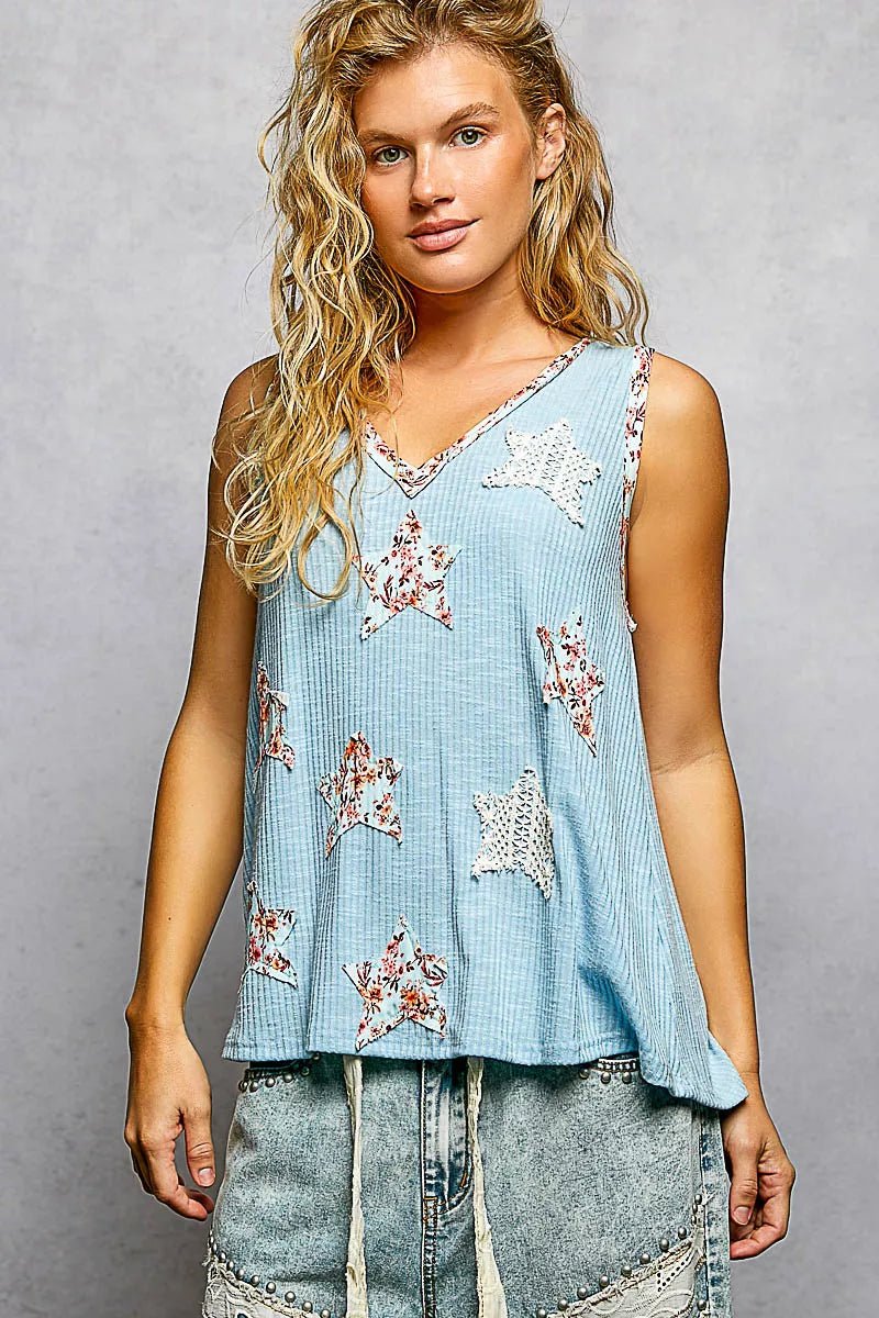 POL Washed Ribbed V - Neck Tank with Floral Print Star Patch - Chandeliers Boutique ny