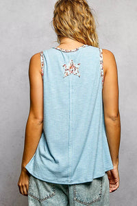 POL Washed Ribbed V - Neck Tank with Floral Print Star Patch - Chandeliers Boutique ny