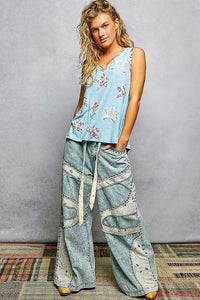 POL Washed Ribbed V - Neck Tank with Floral Print Star Patch - Chandeliers Boutique ny