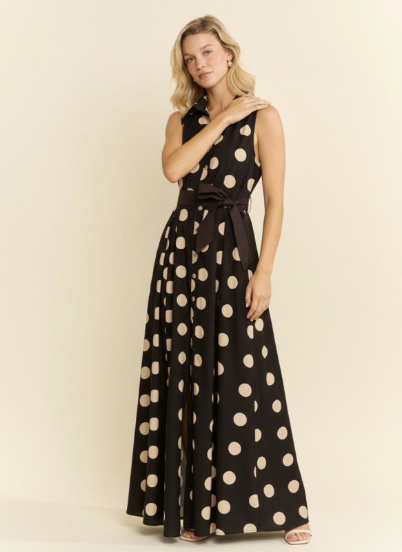 Polka Dot Button Down Belted Shirt Dress - Chandeliers Boutique ny