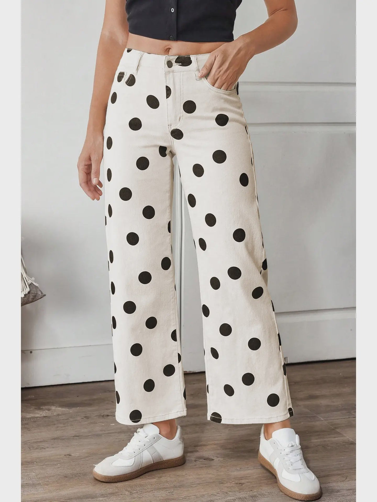 Polka Dot Print Wide Leg Ankle-Length Jeans - Chandeliers Boutique ny