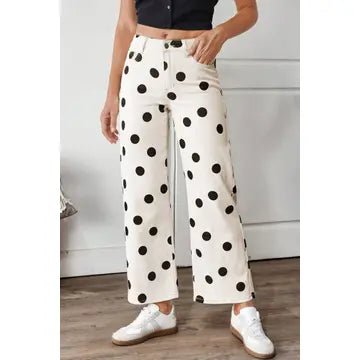 Polka Dot Print Wide Leg Ankle-Length Jeans - Chandeliers Boutique ny