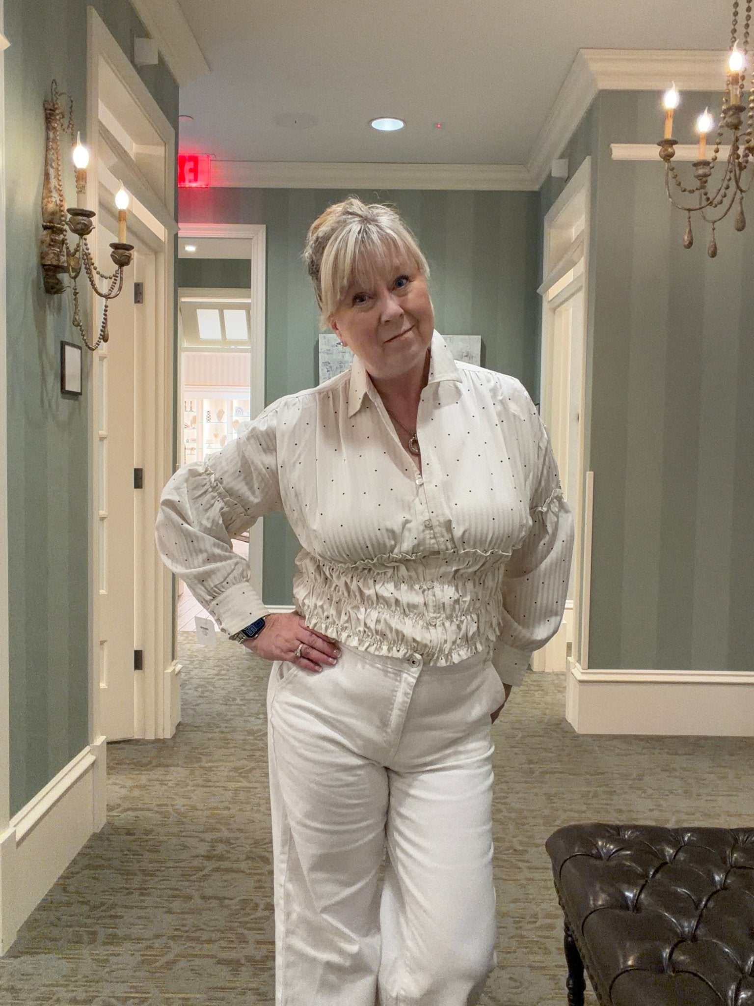 Polka Dot Smocking Waist Blouse - Chandeliers Boutique ny