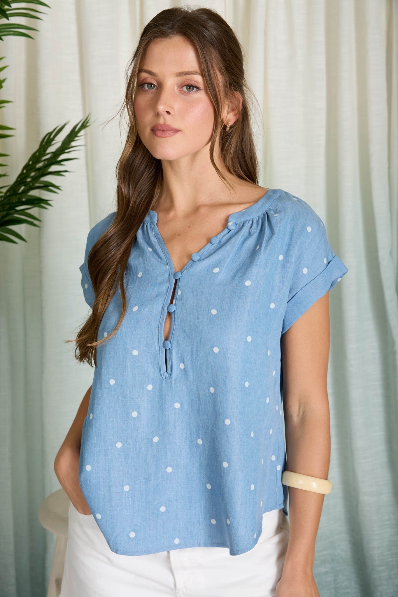 Polkadot Chambray Short Sleeve Henley Top - Chandeliers Boutique ny