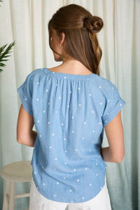 Polkadot Chambray Short Sleeve Henley Top - Chandeliers Boutique ny