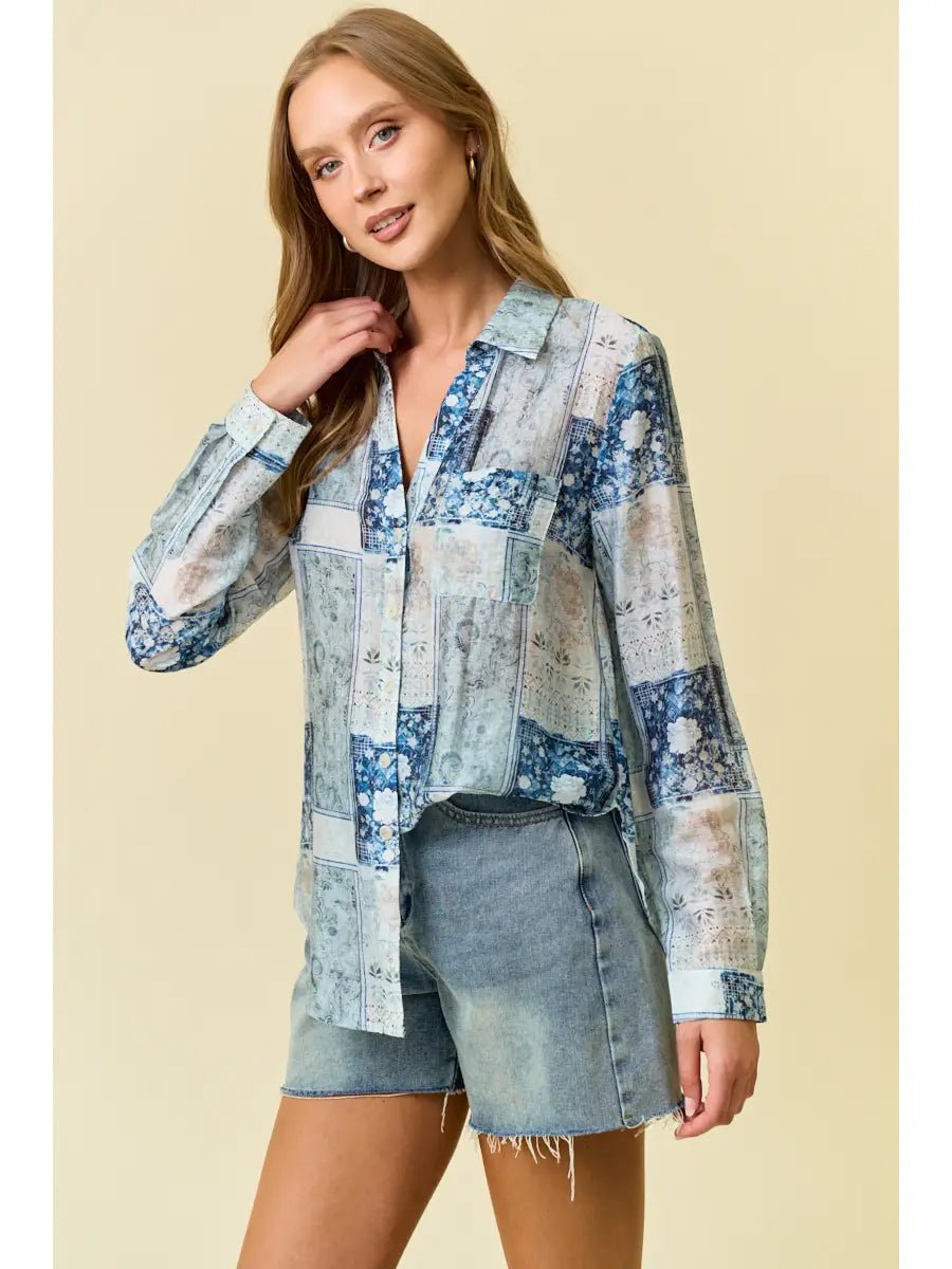 Printed Collared Button Down Long Sleeve Shirt - Chandeliers Boutique ny