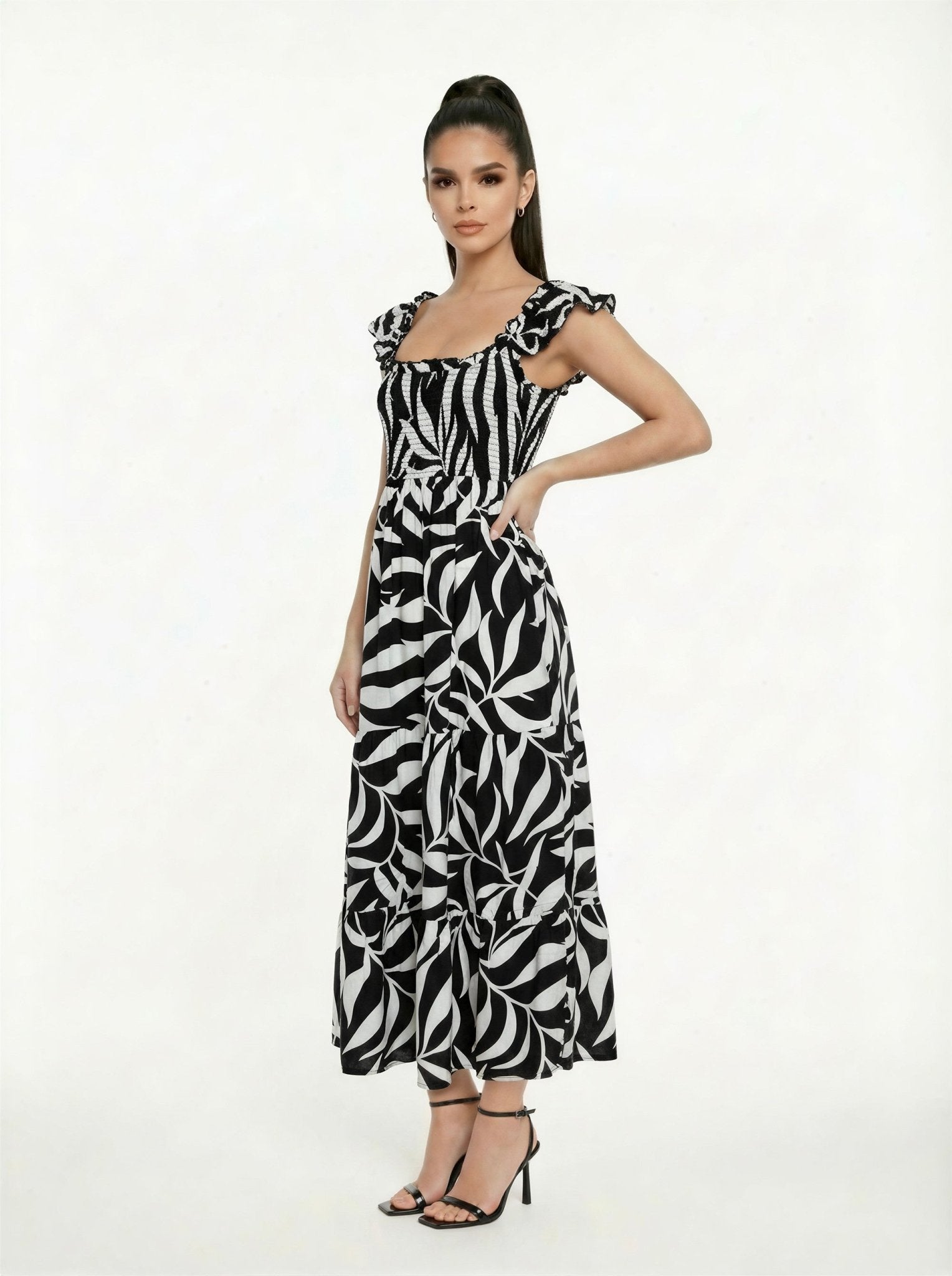 Printed Shirring Square Ruffled Long Dress - Chandeliers Boutique ny