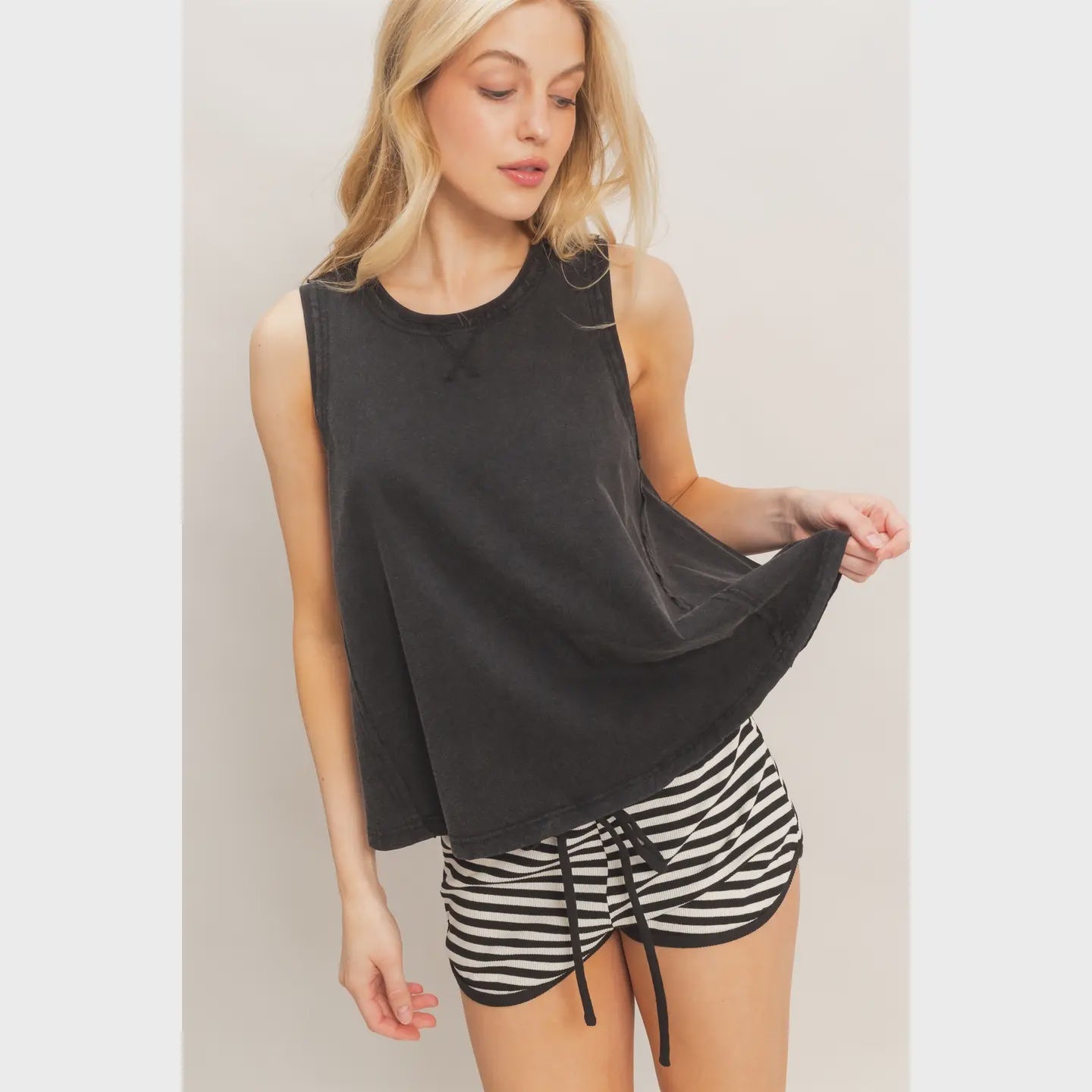 Raw Edge Details Sleeveless Washed Top - Chandeliers Boutique ny