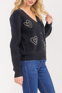 Rhinestone Detail Button Down Knit Cardigan - Chandeliers Boutique ny