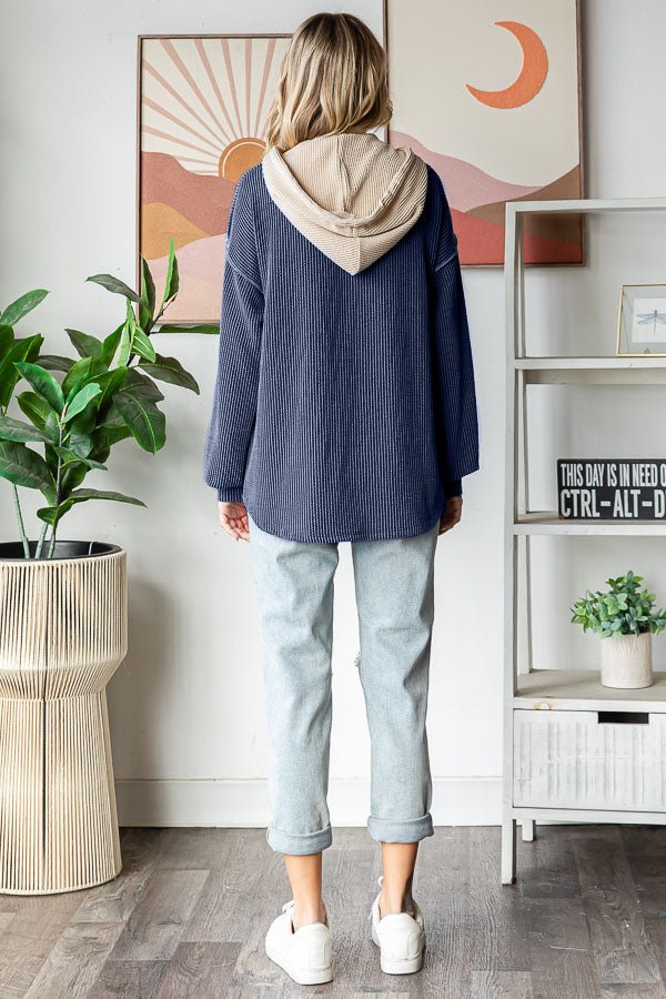 Ribbed Balloon Sleeve Button Front Drawstring Hoodie - Chandeliers Boutique ny