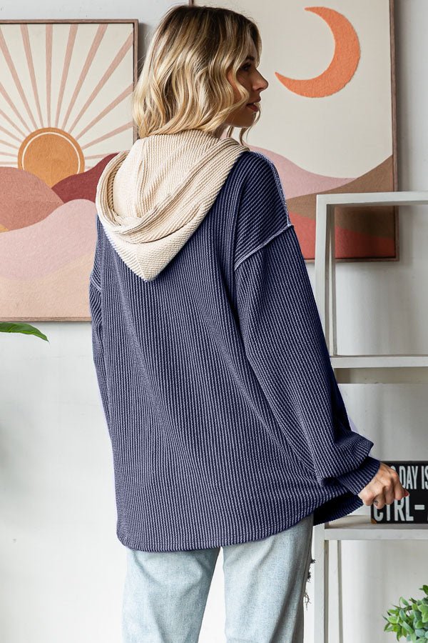 Ribbed Balloon Sleeve Button Front Drawstring Hoodie - Chandeliers Boutique ny