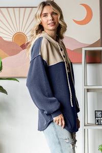 Ribbed Balloon Sleeve Button Front Drawstring Hoodie - Chandeliers Boutique ny