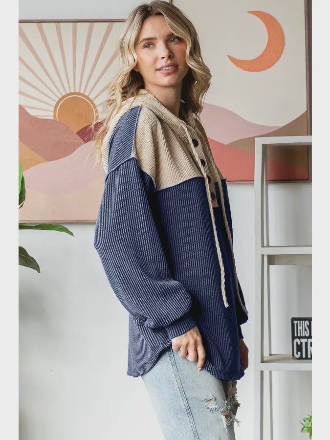 Ribbed Balloon Sleeve Button Front Drawstring Hoodie - Chandeliers Boutique ny