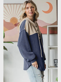 Ribbed Balloon Sleeve Button Front Drawstring Hoodie - Chandeliers Boutique ny