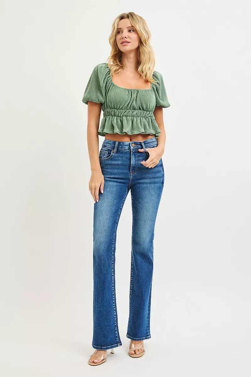 RISEN High Rise Bootcut Jeans With Distressed Details - Chandeliers Boutique ny