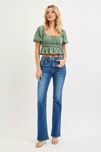 RISEN High Rise Bootcut Jeans With Distressed Details - Chandeliers Boutique ny