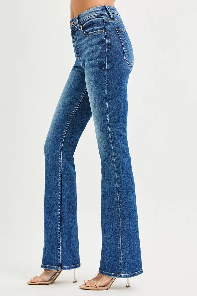 RISEN High Rise Bootcut Jeans With Distressed Details - Chandeliers Boutique ny