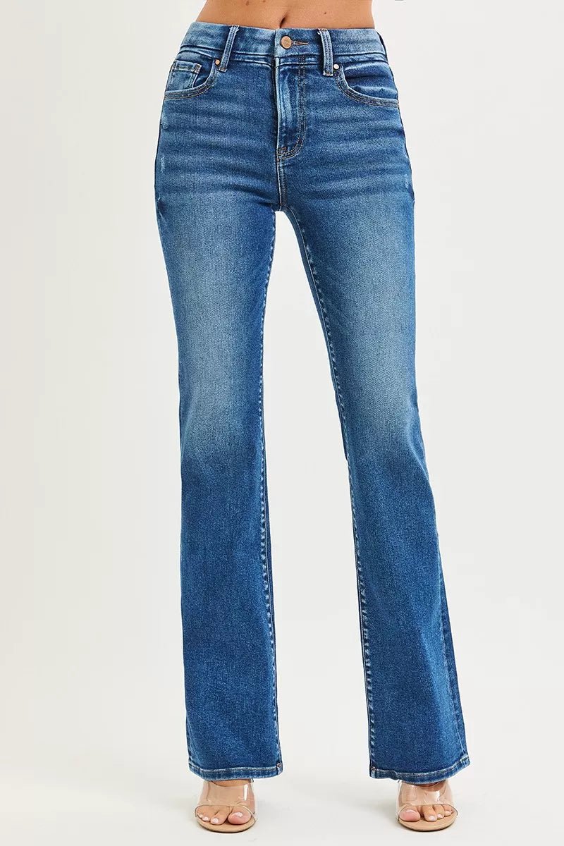 RISEN High Rise Bootcut Jeans With Distressed Details - Chandeliers Boutique ny