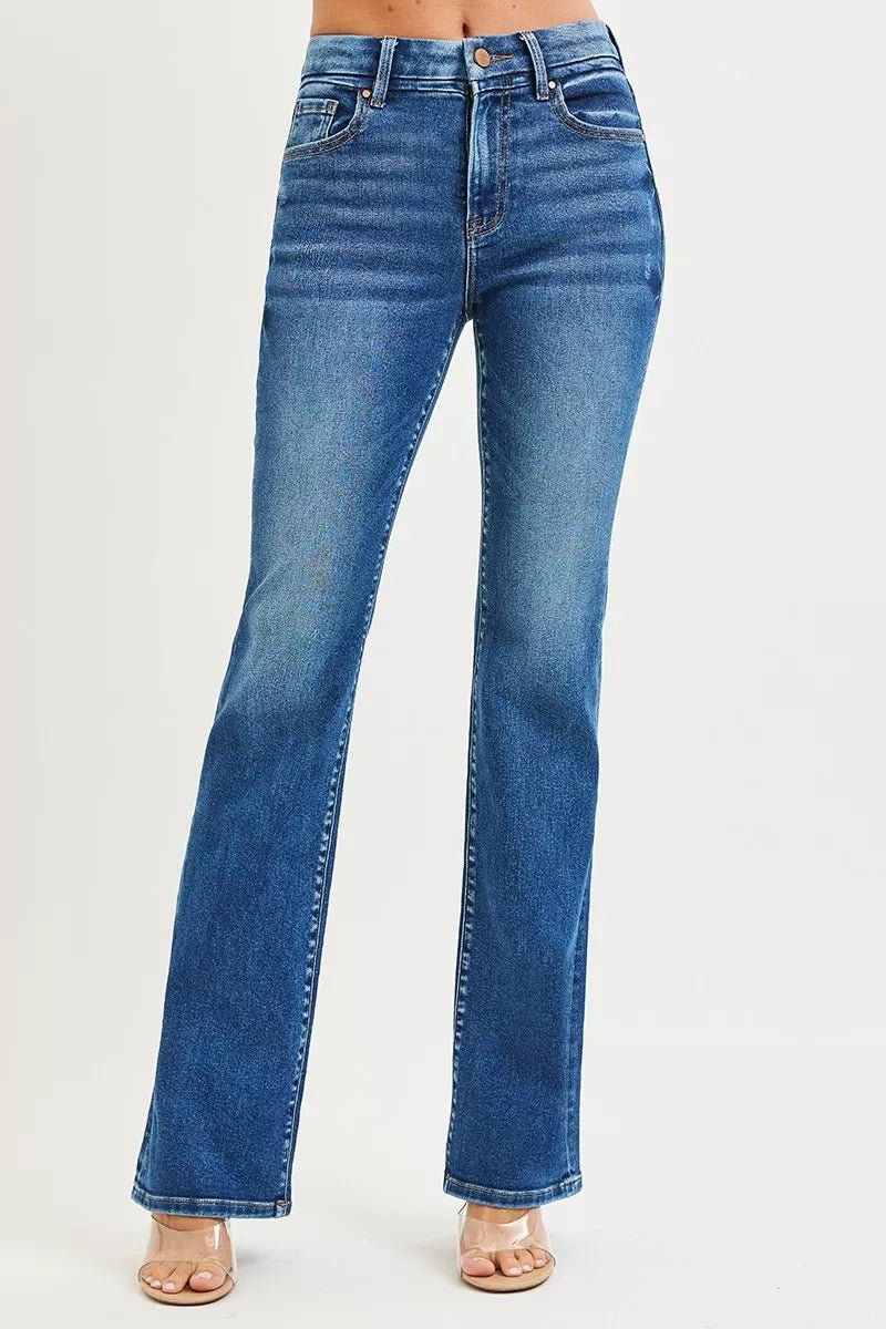 RISEN High Rise Bootcut Jeans With Distressed Details - Chandeliers Boutique ny