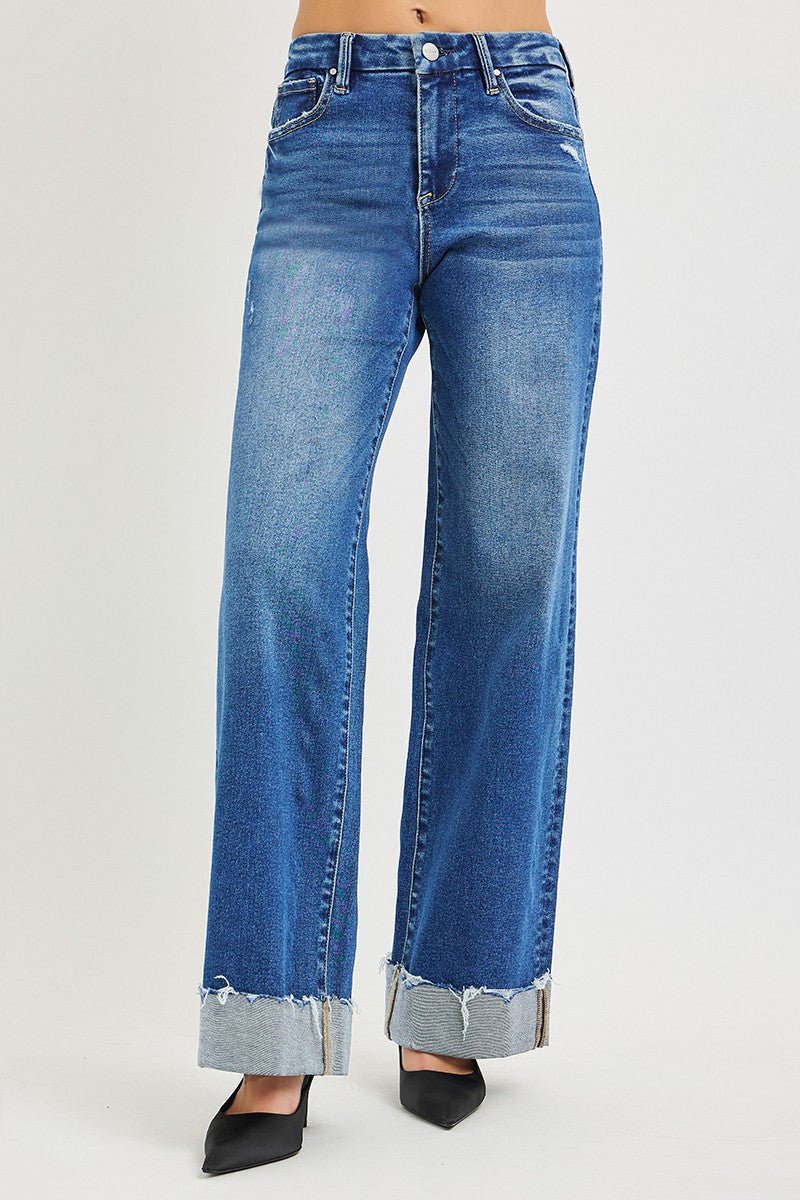 RISEN High Rise Wide Leg Jeans With Cuffed Hem - Chandeliers Boutique ny