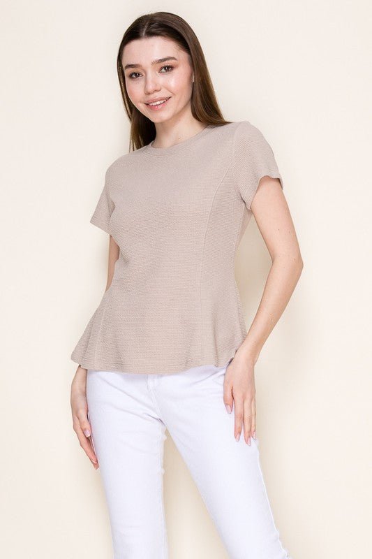 Round Neck S/l Peplum Cloudy Knit Top - Chandeliers Boutique ny