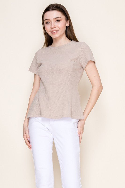 Round Neck S/l Peplum Cloudy Knit Top - Chandeliers Boutique ny