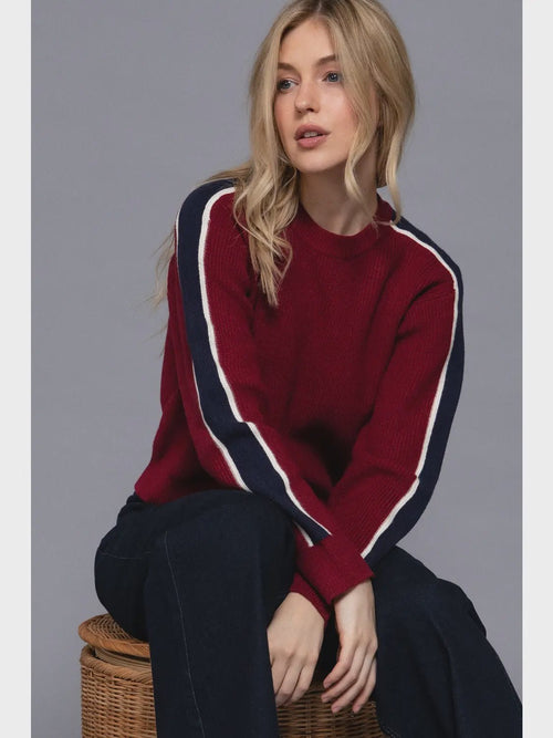 Round Neck Sleeve Line Detail Sweater - Chandeliers Boutique ny