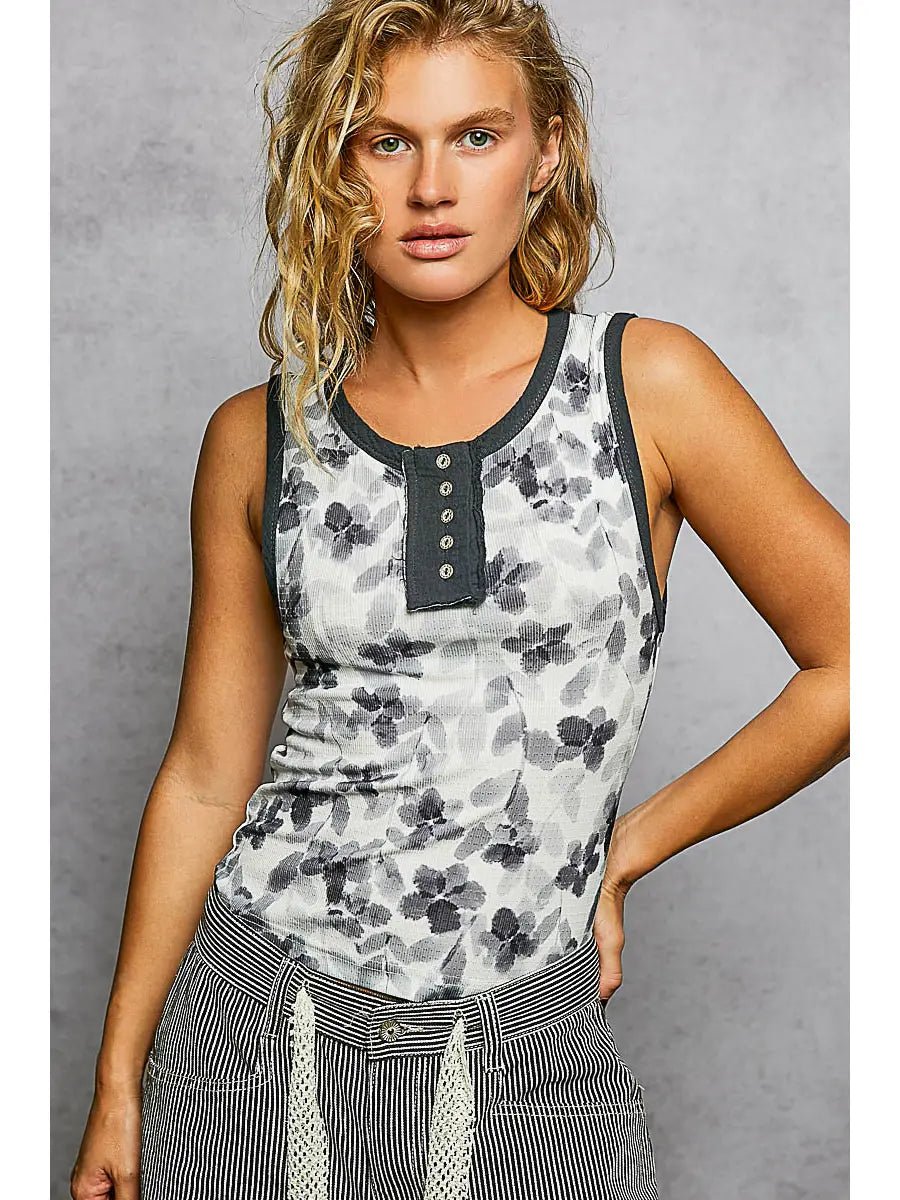 Round Neck Sleeveless Ribbed Floral Top - Chandeliers Boutique ny