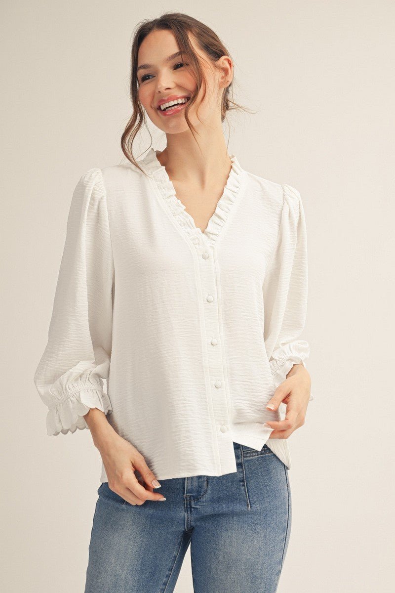 Ruffle Detail Button Down Crinkle Top - Chandeliers Boutique ny