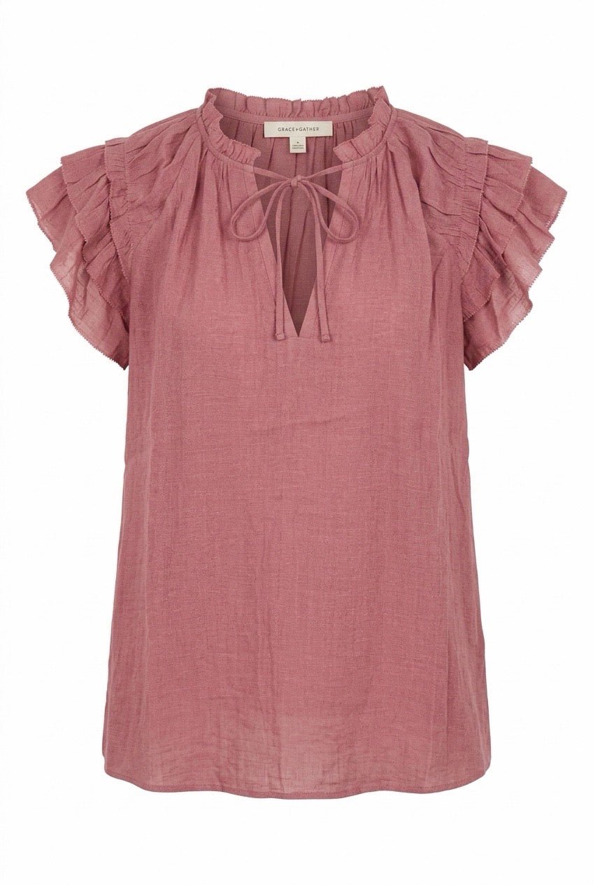 Ruffle Sleeve Tie Front Top - Chandeliers Boutique ny
