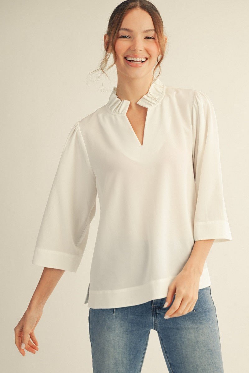 Ruffled Neck Crinkle Solid Top - Chandeliers Boutique ny