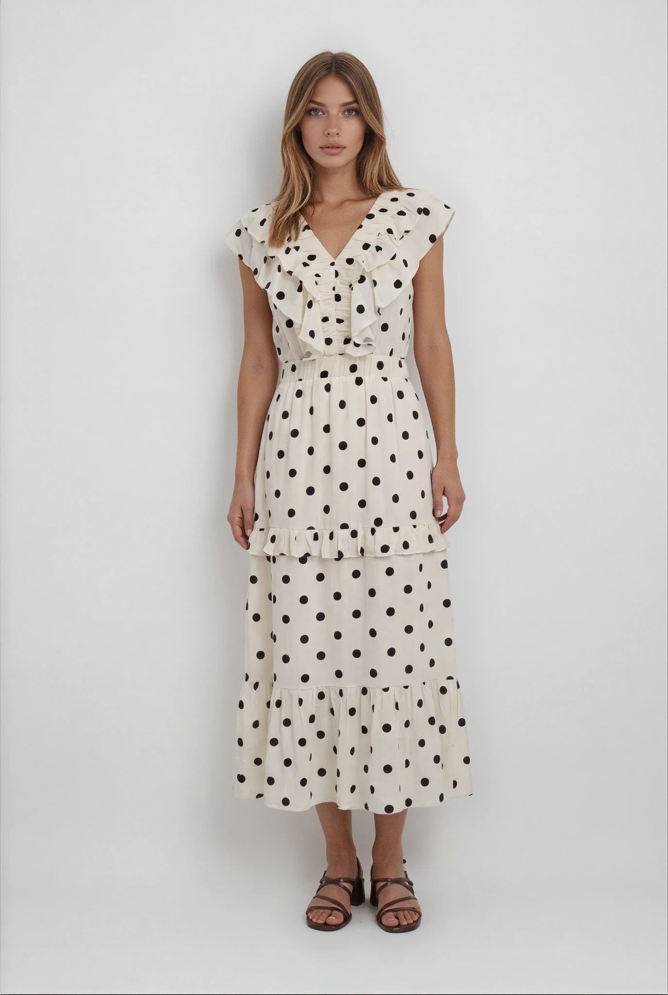 Ruffled Polka Dot Midi Dress - Chandeliers Boutique ny